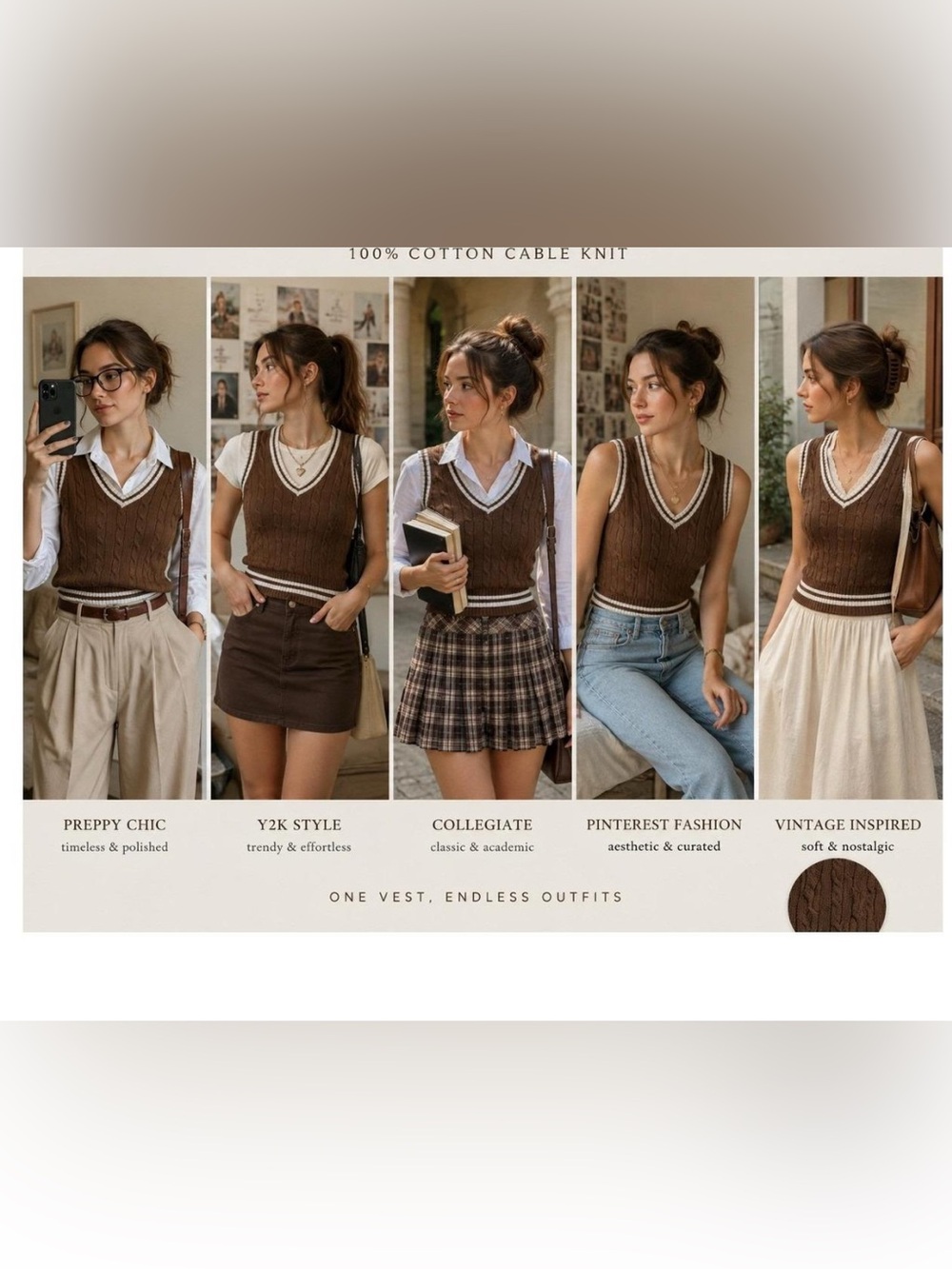 John Galt (Brandy Mellville) Brown V Neck Cropped Cable Knit Sweater Vest S/M